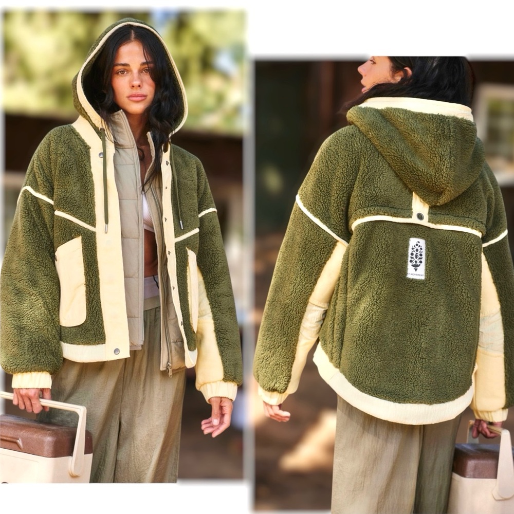NWT Free People x FP Movement Trail Bender Fleece Hooded Jacket Seagrass - Picture 11 of 14
